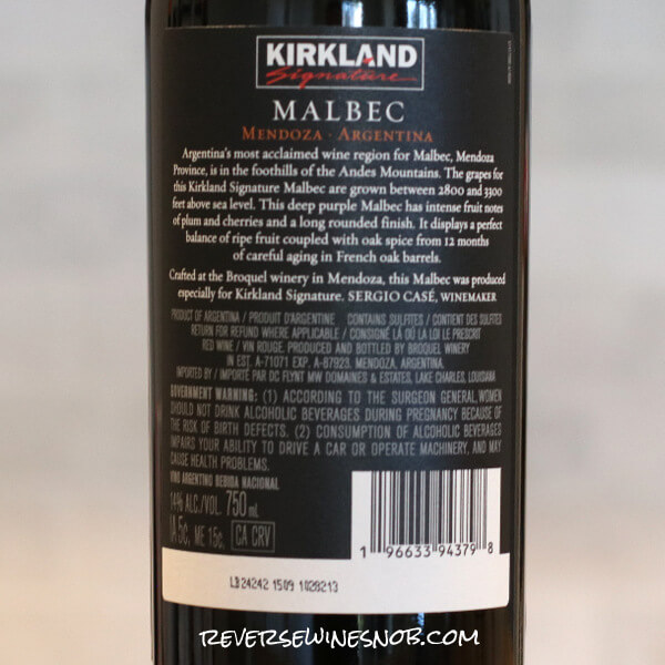 2023 Kirkland Signature Malbec Back Label