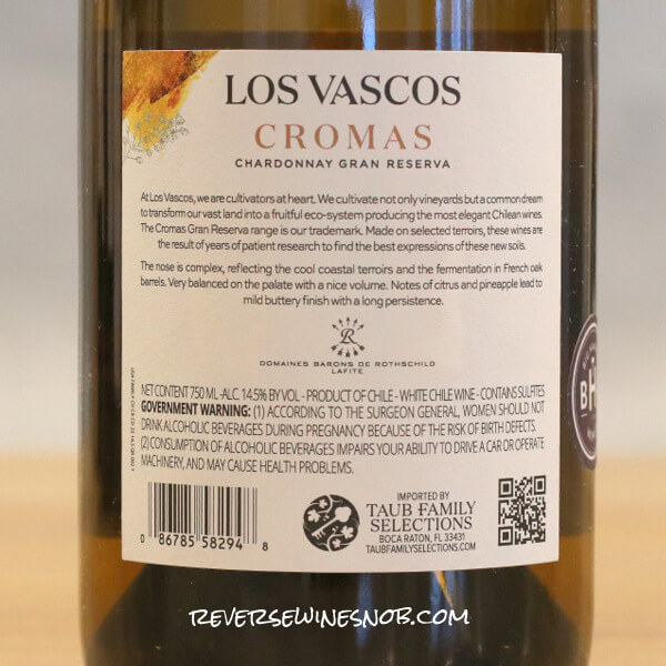 2022 Los Vascos Cromas Gran Reserva Chardonnay Back Label