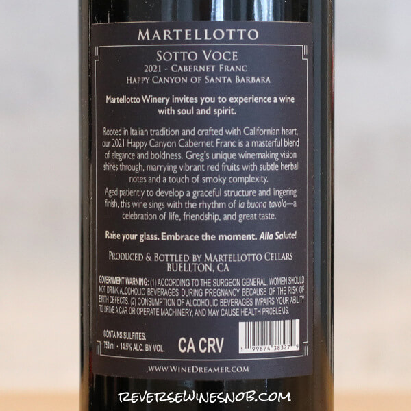 2021 Martellotto Sotto Voce Cabernet Franc Back Label