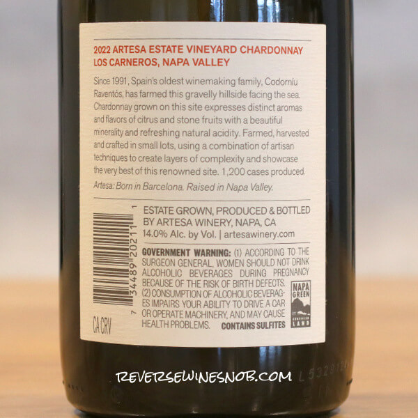 2022 Artesa Estate Vineyard Chardonnay Back Label