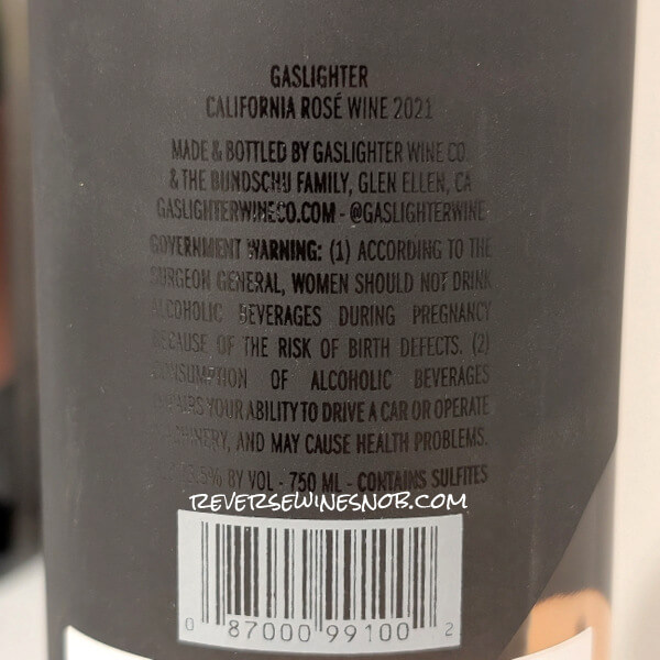Gaslighter Rosé of Pinot Noir Back Label