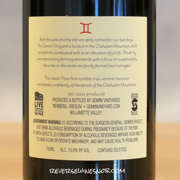 2021 Gemini Vineyards Chehalem Mountains Estate Pinot Noir Back Label