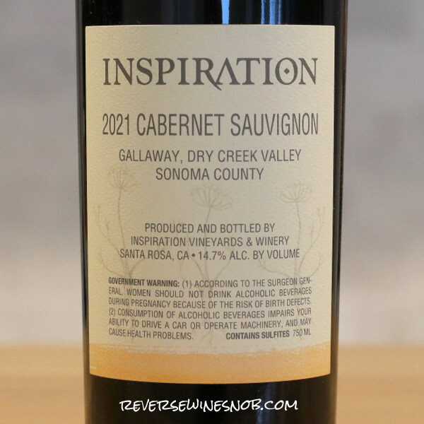 2021 Inspiration Vineyards Dry Creek Valley Cabernet Sauvignon Back Label