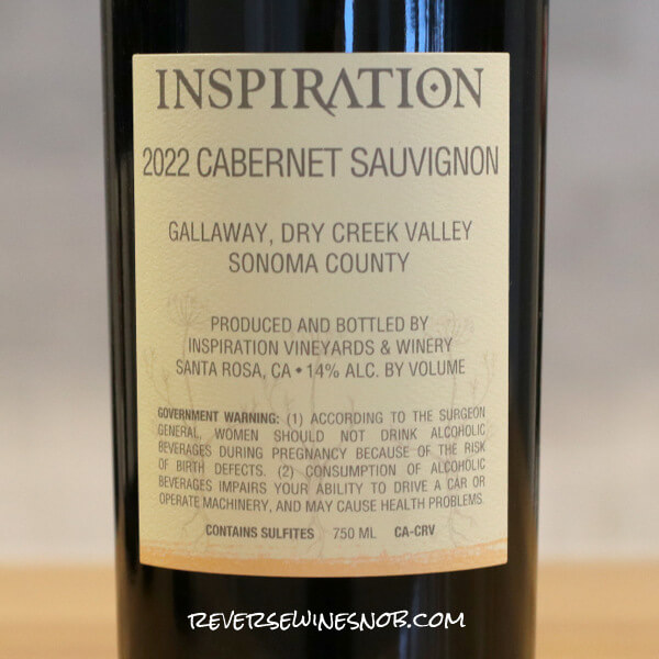 2022 Inspiration Vineyards Dry Creek Valley Cabernet Sauvignon Back Label