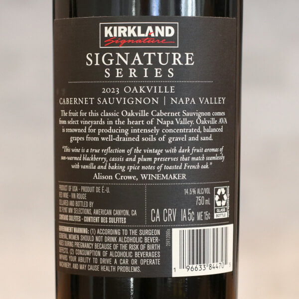 2023 Kirkland Signature Series Oakville Cabernet Sauvignon Back Label