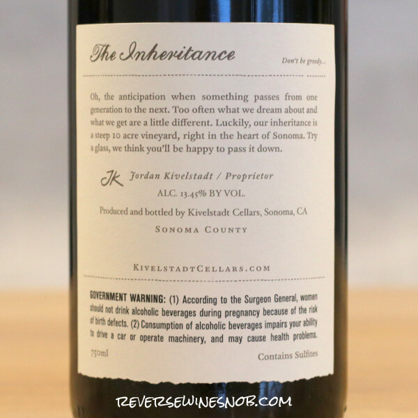 2020 Kivelstadt Cellars The Inheritance Estate Syrah back label