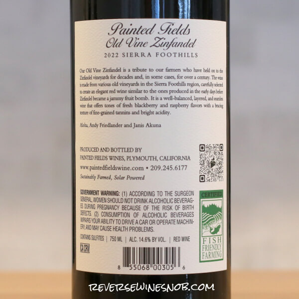 2022 Painted Fields Old Vine Zinfandel Back Label