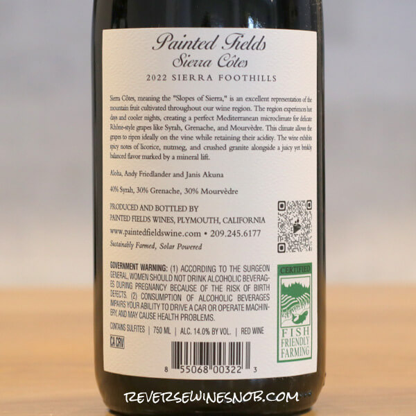 2022 Painted Fields Sierra Cotes Syrah-Grenache-Mourvedre Back Label
