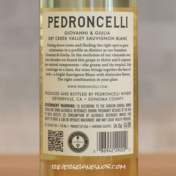 2025 Pedroncelli Giovanni & Giulia Sauvignon Blanc Back Label