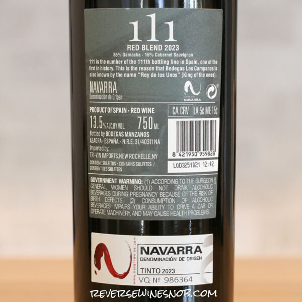 Bodegas Manzanos 111 Red Blend Review Back Label