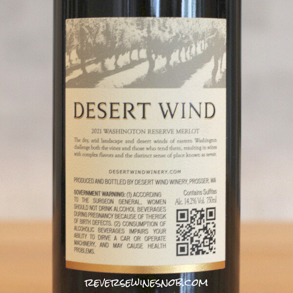 2021 Desert Wind Heritage Series Merlot Back Label