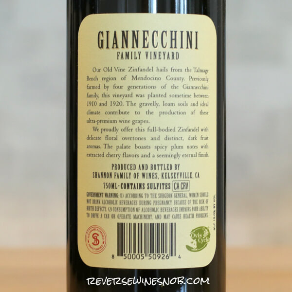 2021 Giannecchini Old Vine Zinfandel Back Label
