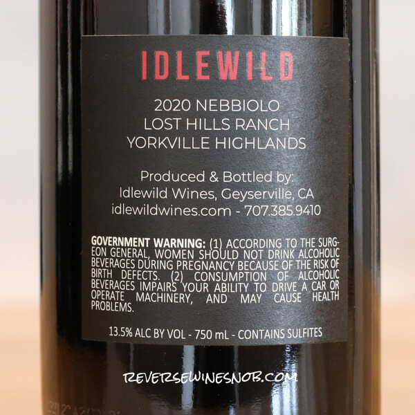 2020 Idlewild Lost Hills Ranch Nebbiolo Back Label