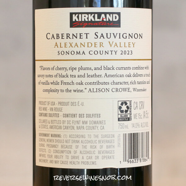 2023 Kirkland Signature Alexander Valley Cabernet Sauvignon Back Label