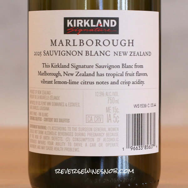 2025 Kirkland Signature Ti Point Marlborough Sauvignon Blanc Back Label