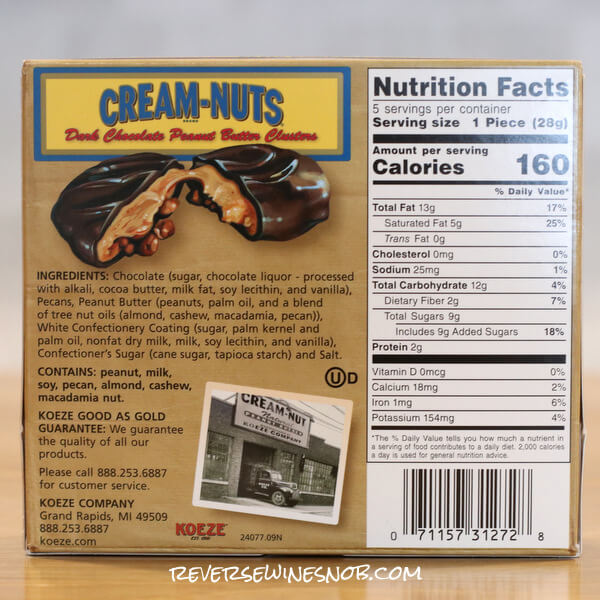 Koeze Dark Chocolate Cream-Nut Peanut Butter Clusters Back Label