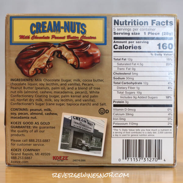 Koeze Milk Chocolate Cream-Nut Peanut Butter Clusters Back Label