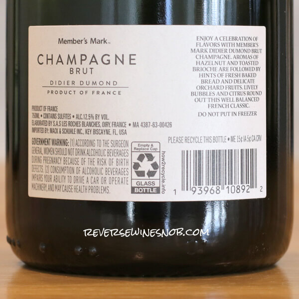 Member's Mark Private Reserve Didier Dumond Champagne Brut Back Label