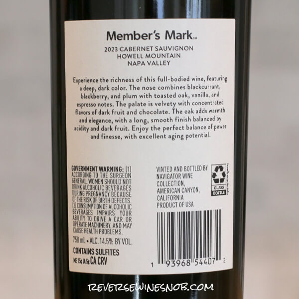 Member's Mark Private Reserve Howell Mountain Cabernet Sauvignon Back Label