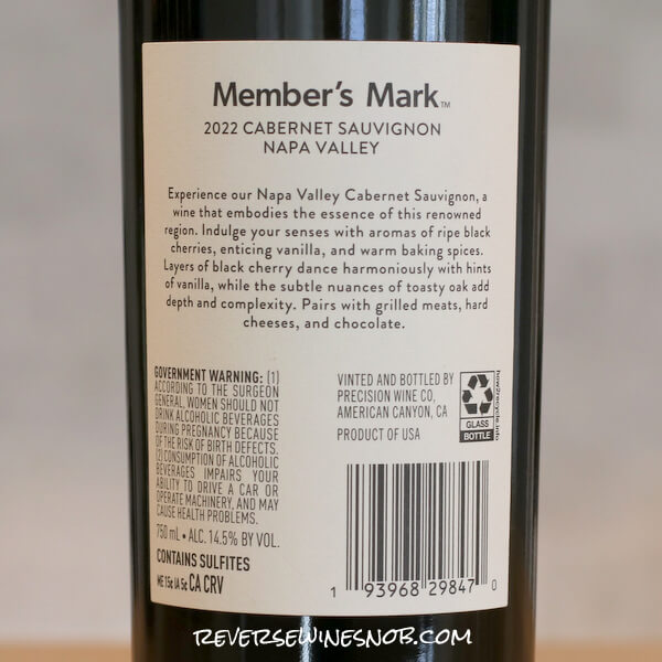 Member's Mark Private Reserve Napa Valley Cabernet Sauvignon Back Label