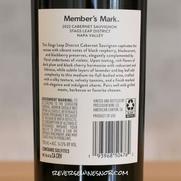 Member's Mark Private Reserve Stags Leap District Cabernet Sauvignon Back Label