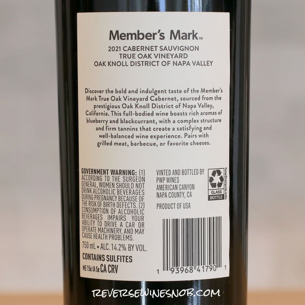 Member's Mark Private Reserve True Oak Vineyard Oak Knoll District Cabernet Sauvignon Back Label