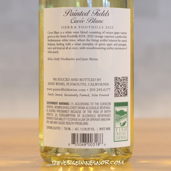 2022 Painted Fields Cuvée Blanc by Andis Wines Back Label