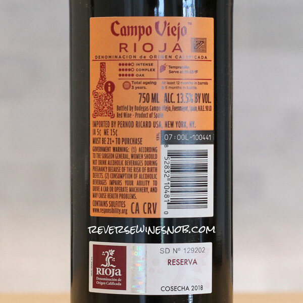 Campo Viejo Rioja Reserva Back Label