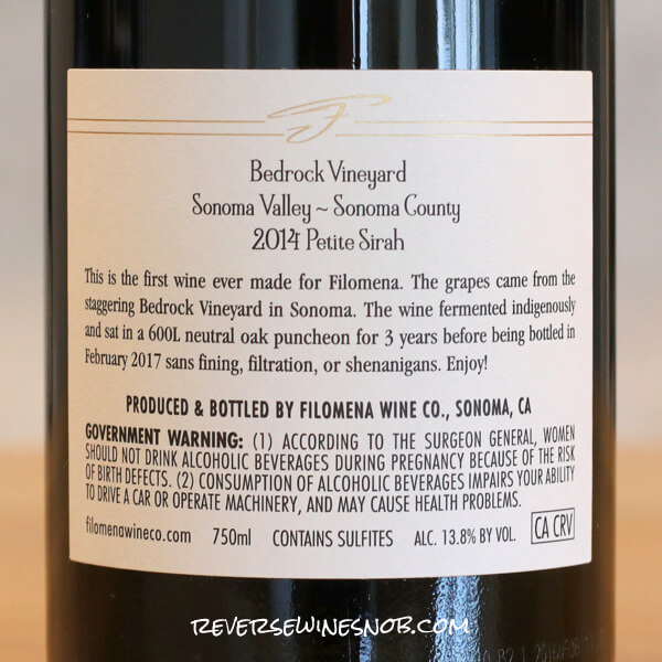 2014 Filomena Bedrock Vineyard Petite Sirah Back Label