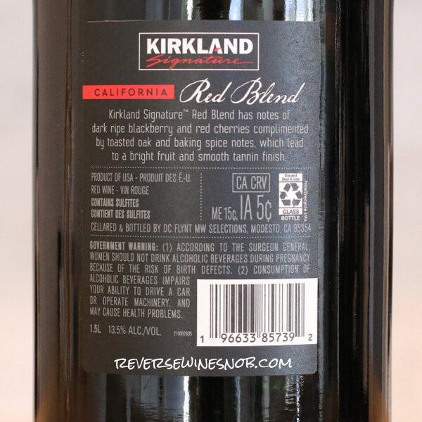 2023 Kirkland Signature California Red Blend Back Label