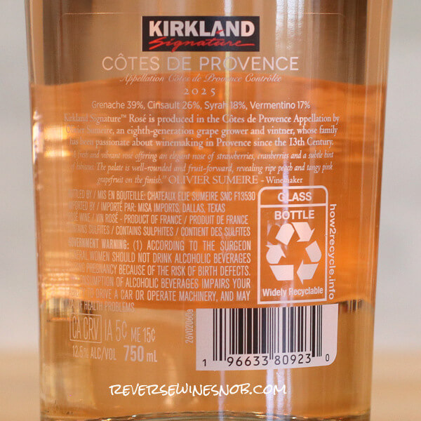 2025 Kirkland Signature Cotes de Provence Rosé Back Label