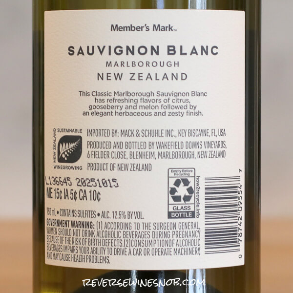 2025 Member's Mark Marlborough Sauvignon Blanc Back Label