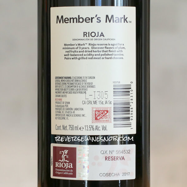 Member's Mark Rioja Reserva Back Label