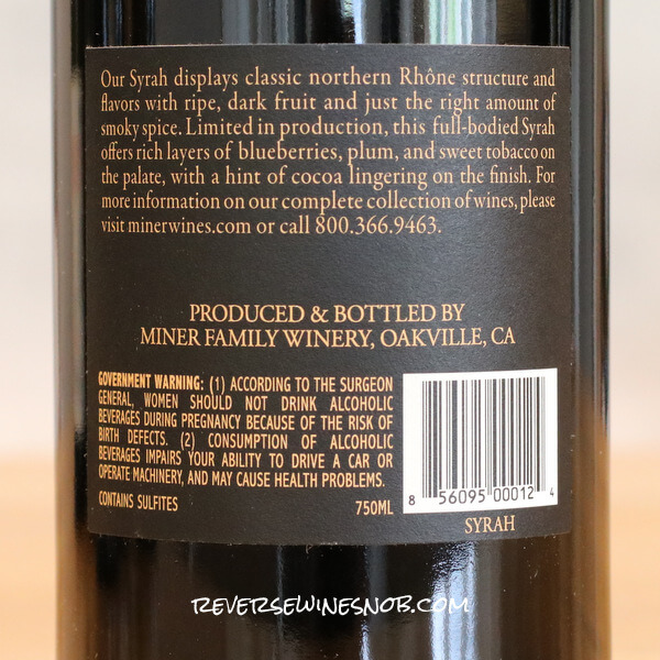 2021 Miner Napa Valley Syrah Back Label