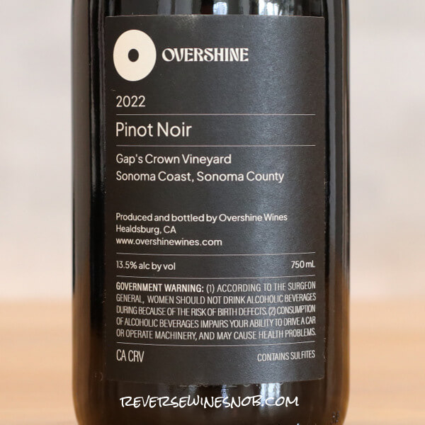 2022 Overshine Gap's Crown Vineyard Pinot Noir Back Label