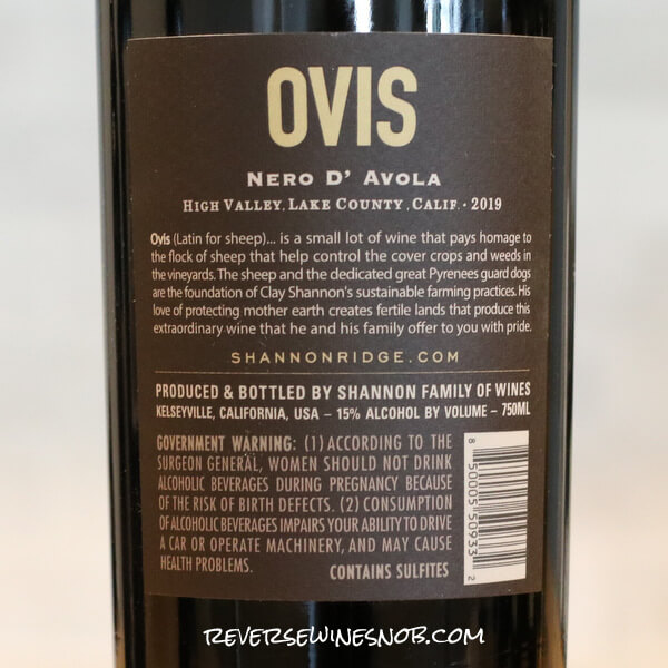 2019 Ovis Nero d'Avola Back Label