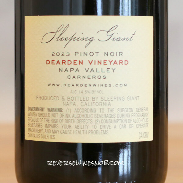 2023 Sleeping Giant Dearden Vineyard Napa Valley Carneros Pinot Noir Back Label