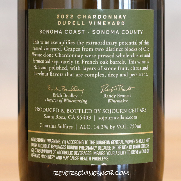 2022 Sojourn Cellars Durell Vineyard Chardonnay Back Label