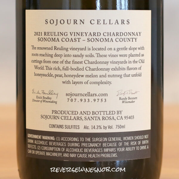 2021 Sojourn Cellars Rueling Vineyard Chardonnay Back Label