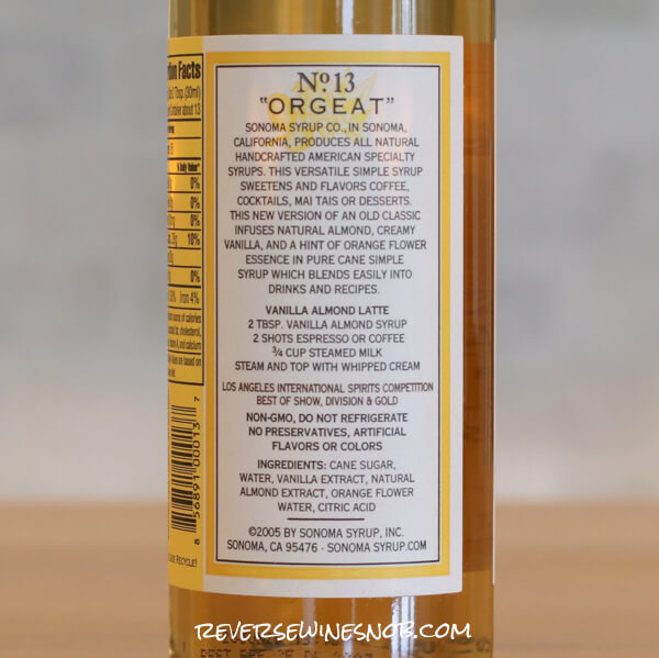 Sonoma Syrup Vanilla Almond Back Label