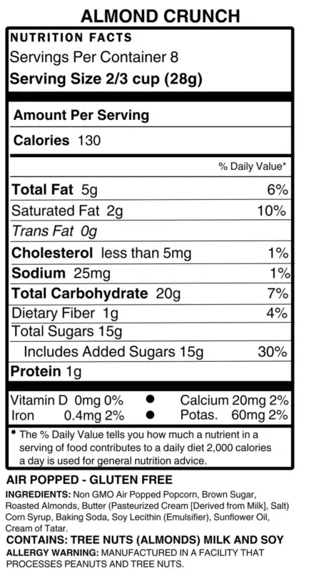 Thatcher's Almond Crunch Sea Salt Gourmet Popcorn Back Label