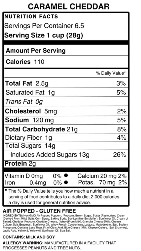 Thatcher's Caramel Cheddar Gourmet Popcorn Back Label