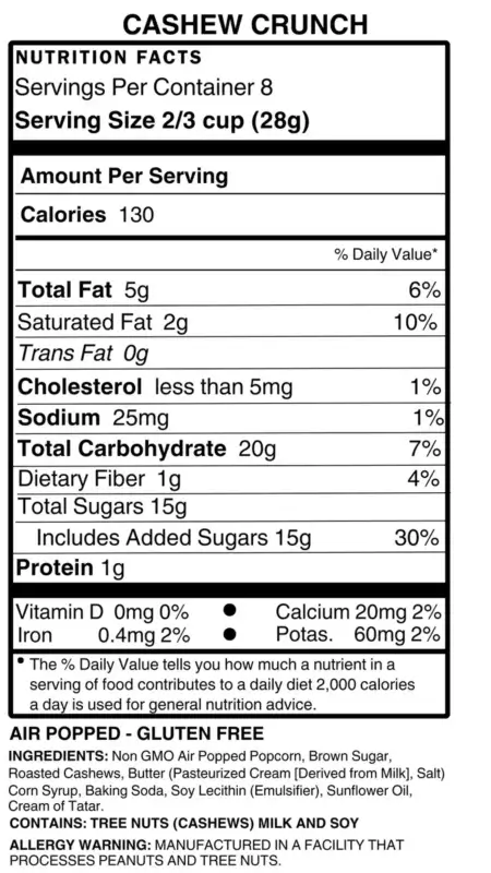 Thatcher's Cashew Crunch Gourmet Popcorn Back Label