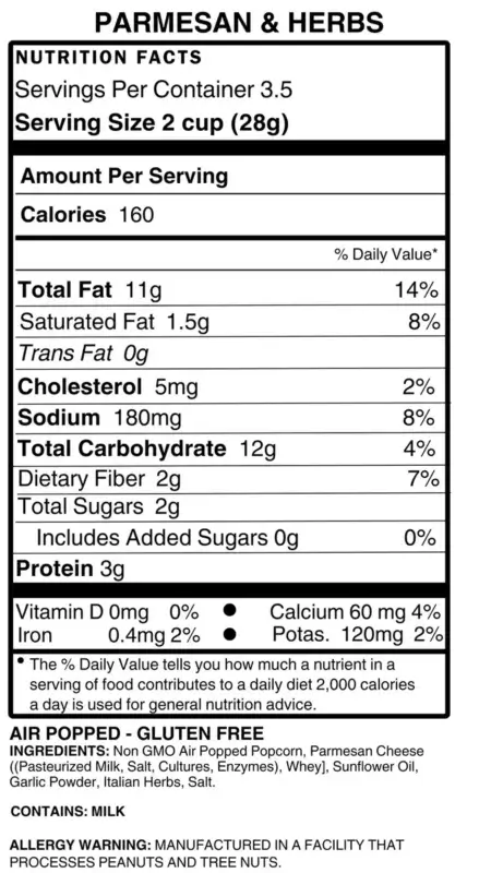 Thatcher's Parmesan Herb Sea Salt Gourmet Popcorn Back Label