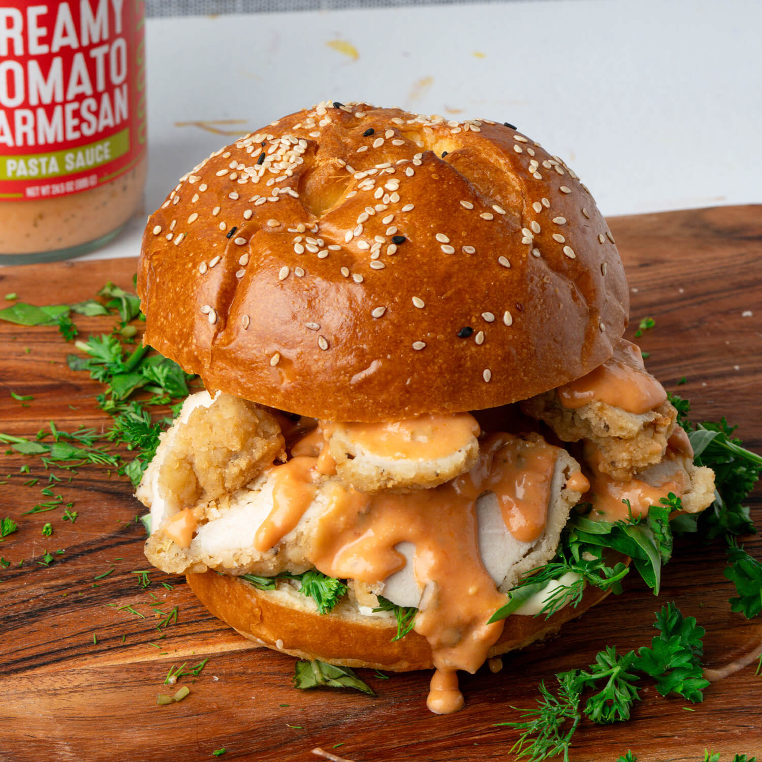 Fried Chicken Sandwich with Sonoma Gourmet Creamy Tomato Parmesan Pasta Sauce
