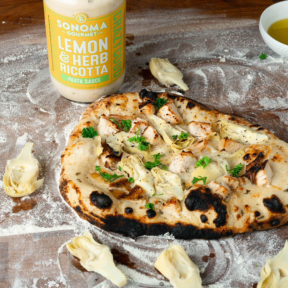Chicken Artichoke Pizza with Sonoma Gourmet Lemon Herb Ricotta Sauce