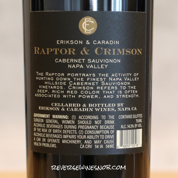 Erikson & Caradin Raptor & Crimson Napa Valley Cabernet Sauvignon Back Label