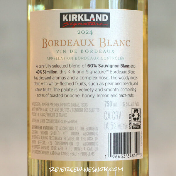 2024 Kirkland Signature Bordeaux Blanc Back Label