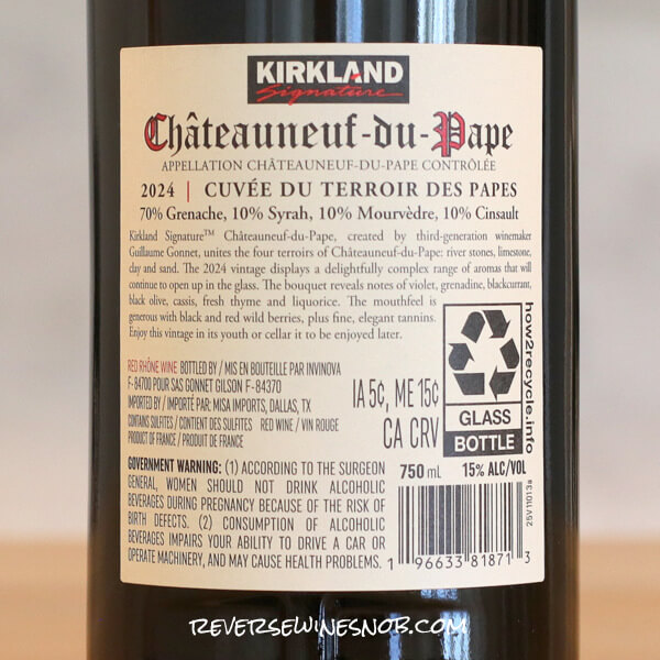 2024 Kirkland Signature Chateauneuf du Pape Back Label