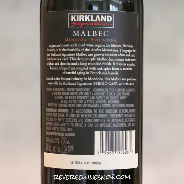 2024 Kirkland Signature Malbec Back Label